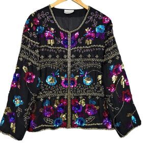 Vintage Draper’s & Damon’s‎ 1X Silk Sequin Beaded Floral Jacket Black Glam
